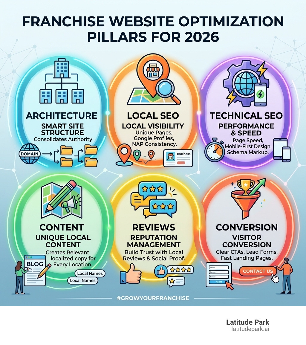 Franchise website optimization pillars: architecture, local SEO, technical SEO, content, reviews, and conversion - franchise Franchise website optimization pillars: architecture, local SEO, technical SEO, content, reviews, and conversion - franchise