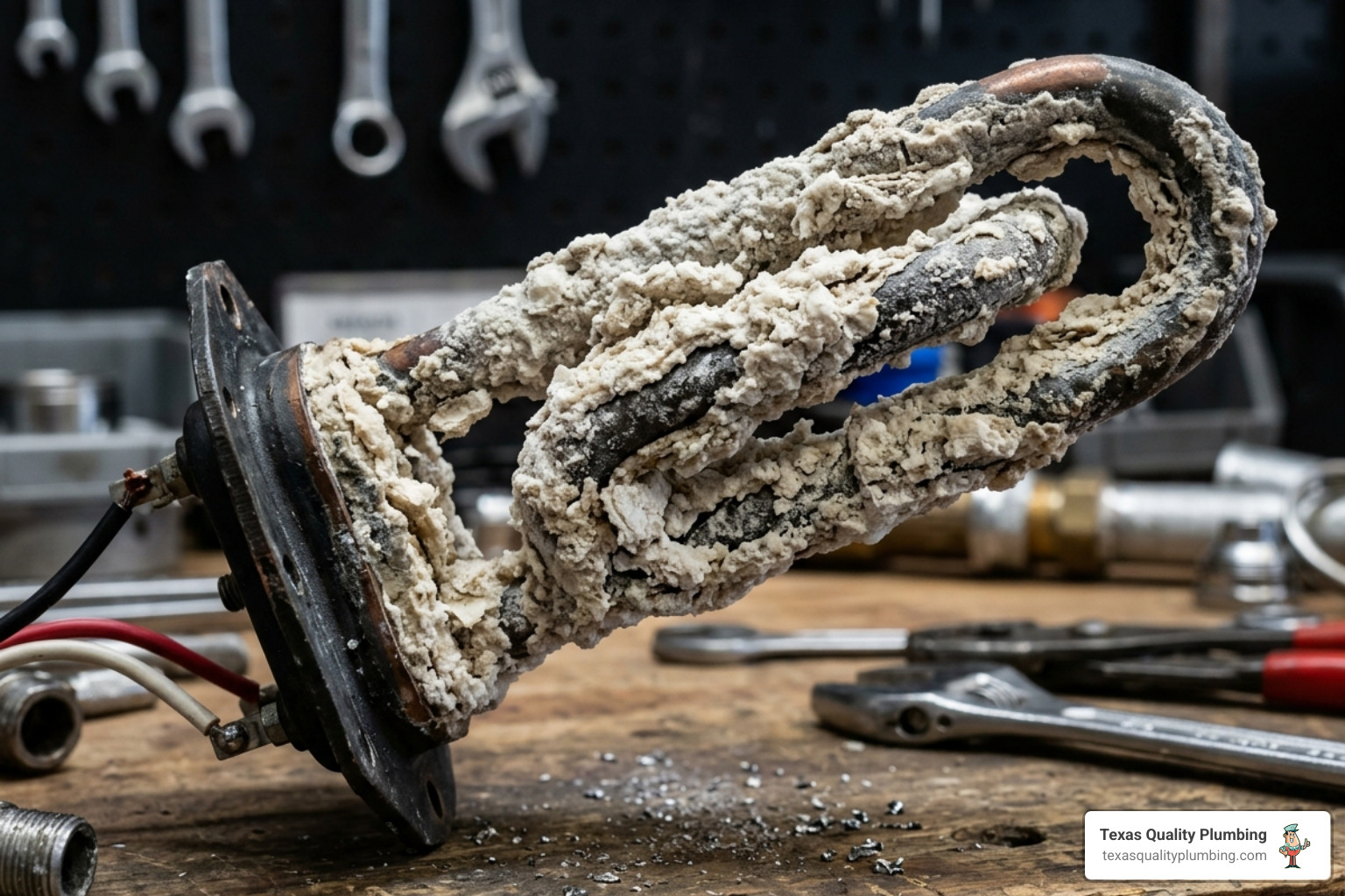 Heavy scale buildup on a water heater heating element showing thick mineral crust - how regular flushing protects your water Heavy scale buildup on a water heater heating element showing thick mineral crust - how regular flushing protects your water