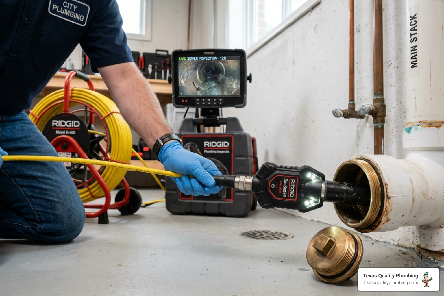 waterproof camera head entering a plumbing cleanout to inspect Houston sewer lines - how camera inspections guide waterproof camera head entering a plumbing cleanout to inspect Houston sewer lines - how camera inspections guide