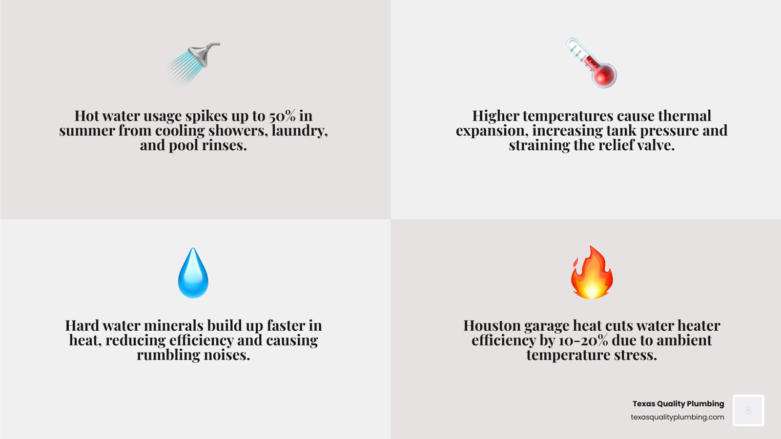 Infographic: How summer hot water demand stresses a water heater — demand spike, sediment, thermal expansion, ambient heat Infographic: How summer hot water demand stresses a water heater — demand spike, sediment, thermal expansion, ambient heat
