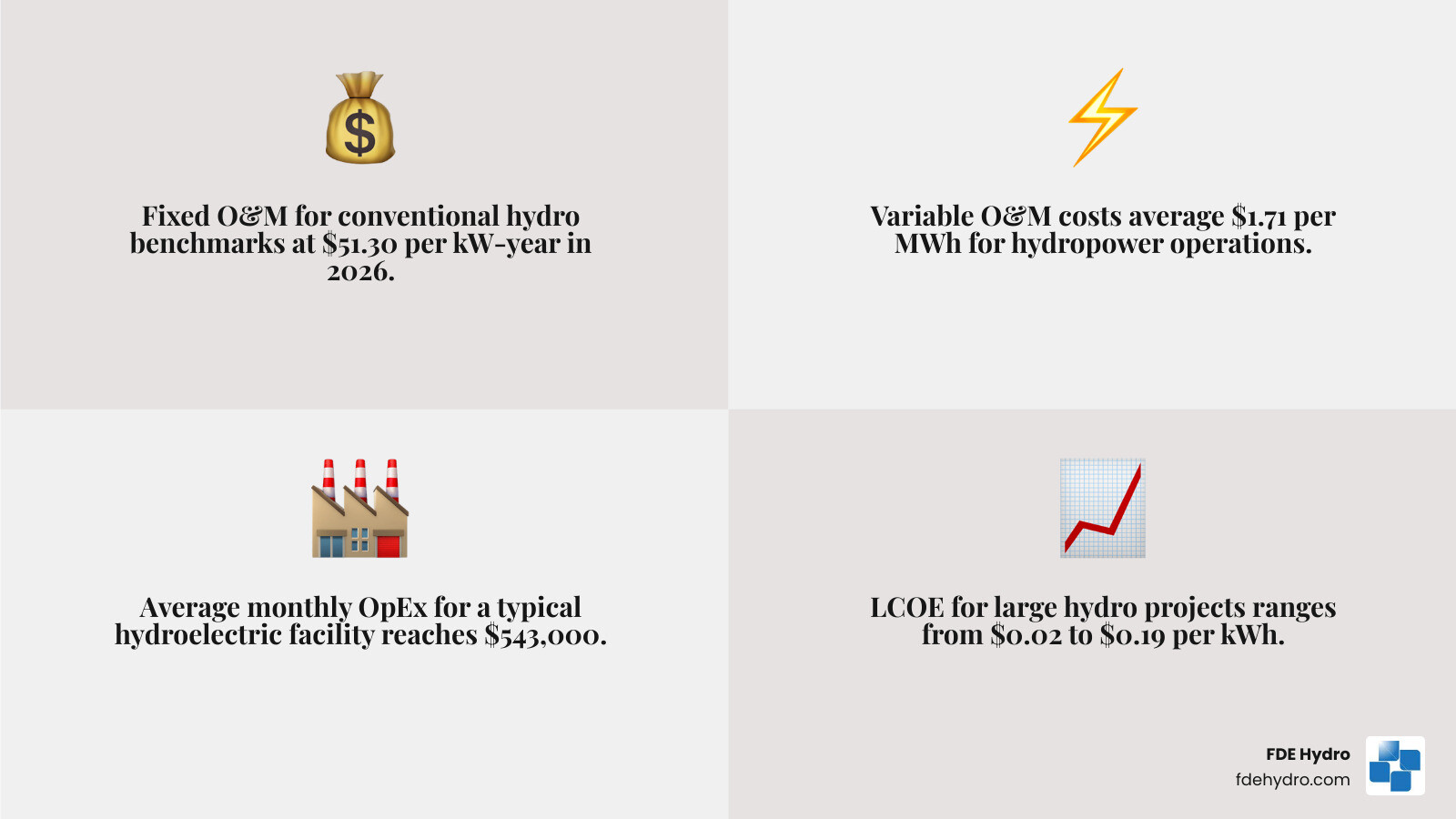 Infographic showing 2026 hydropower cost components: fixed O&M, variable O&M, capital expenditure, LCOE, and government Infographic showing 2026 hydropower cost components: fixed O&M, variable O&M, capital expenditure, LCOE, and government