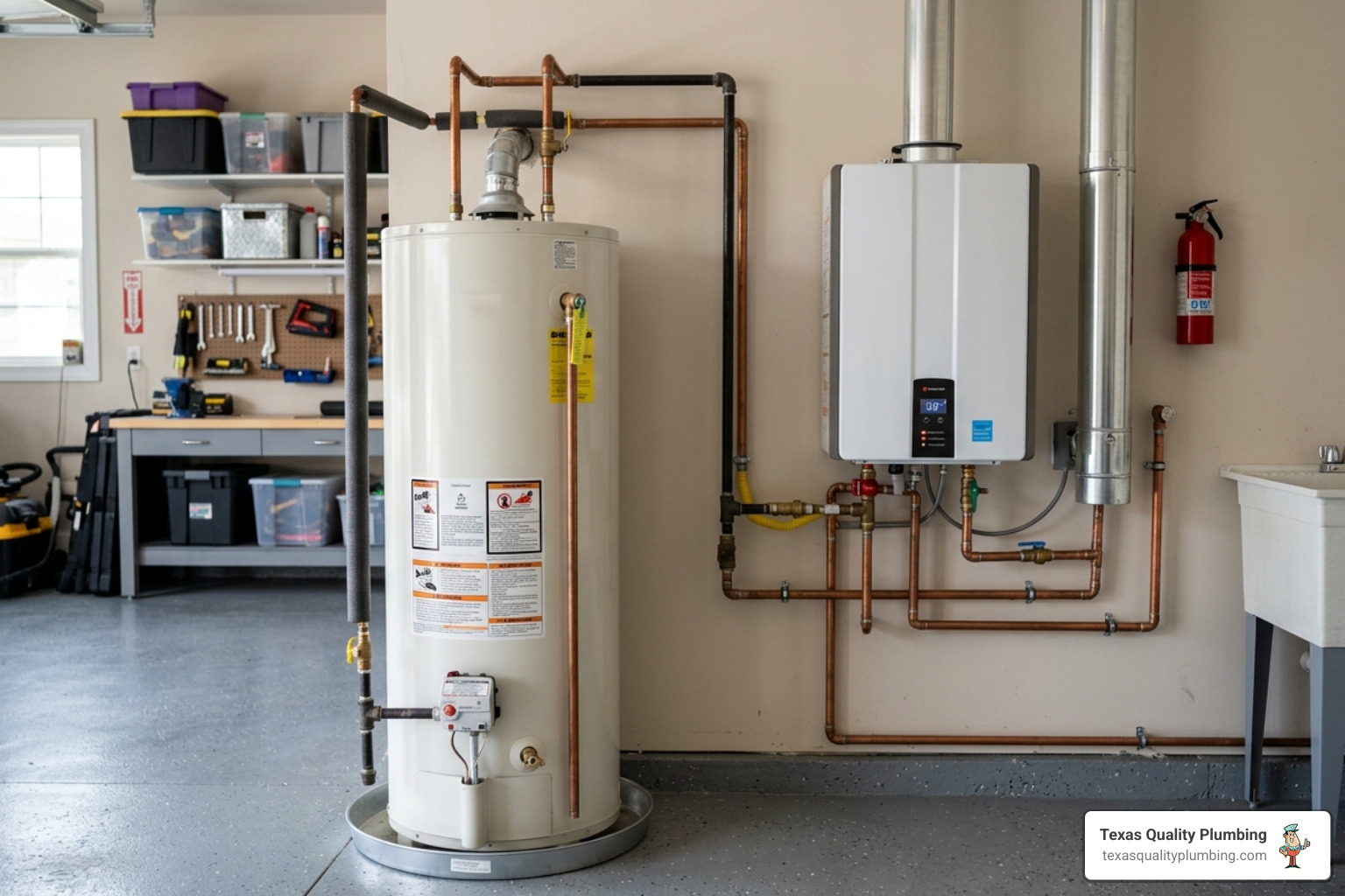 Traditional water heater tank next to a compact modern tankless unit - how long does a tankless water heater last Traditional water heater tank next to a compact modern tankless unit - how long does a tankless water heater last