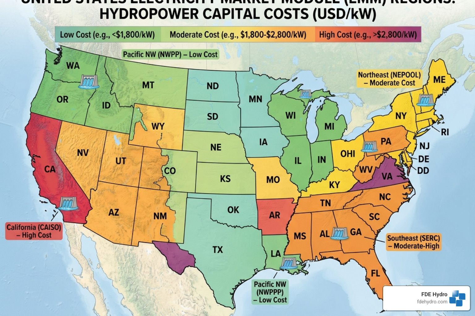 Map of U.S. Electricity Market Module regions showing variations in hydropower capital costs - 2026 hydropower operating Map of U.S. Electricity Market Module regions showing variations in hydropower capital costs - 2026 hydropower operating