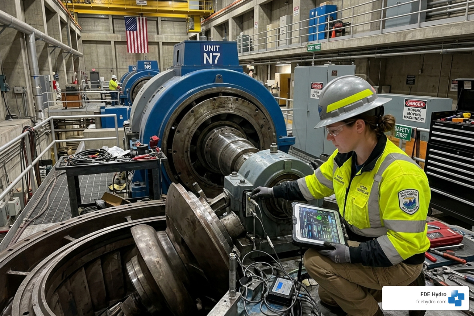 Technician performing a turbine generator overhaul using modern digital diagnostic tools - 2026 hydropower operating costs Technician performing a turbine generator overhaul using modern digital diagnostic tools - 2026 hydropower operating costs