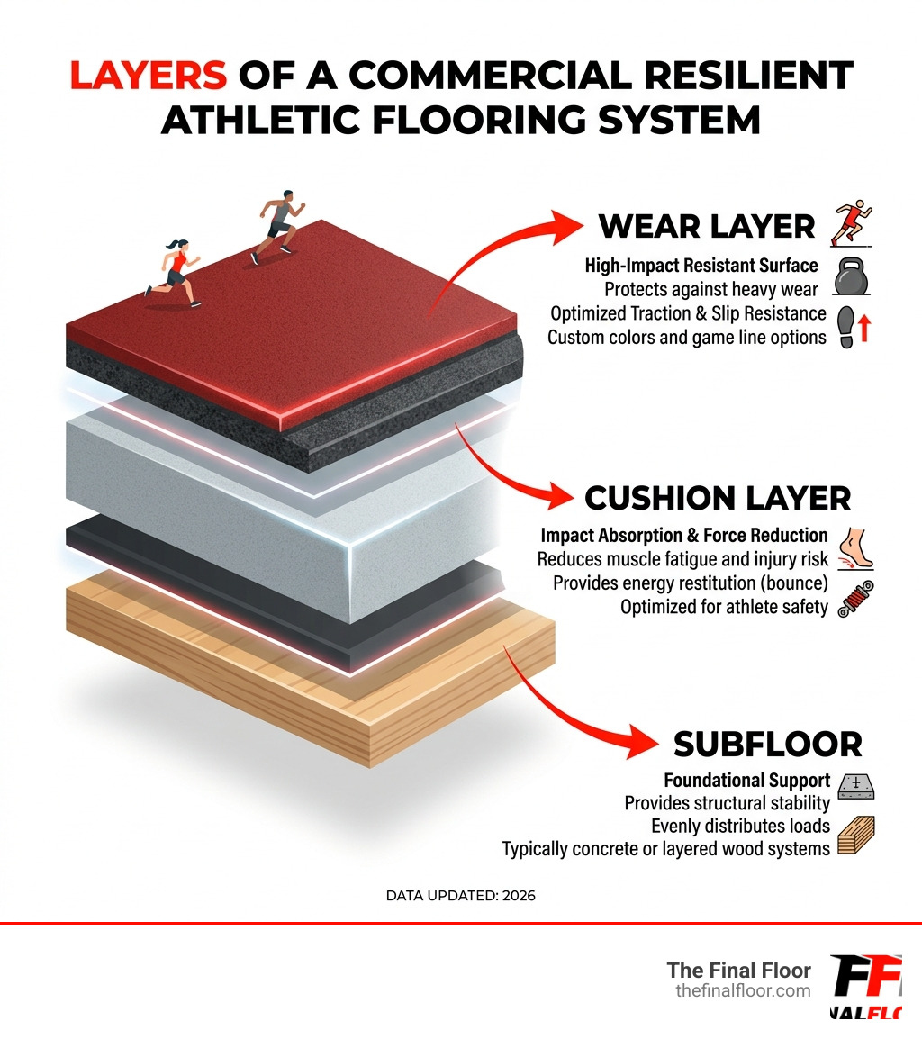 Layers of a commercial resilient athletic flooring system: wear layer, cushion, subfloor - resilient athletic flooring Layers of a commercial resilient athletic flooring system: wear layer, cushion, subfloor - resilient athletic flooring