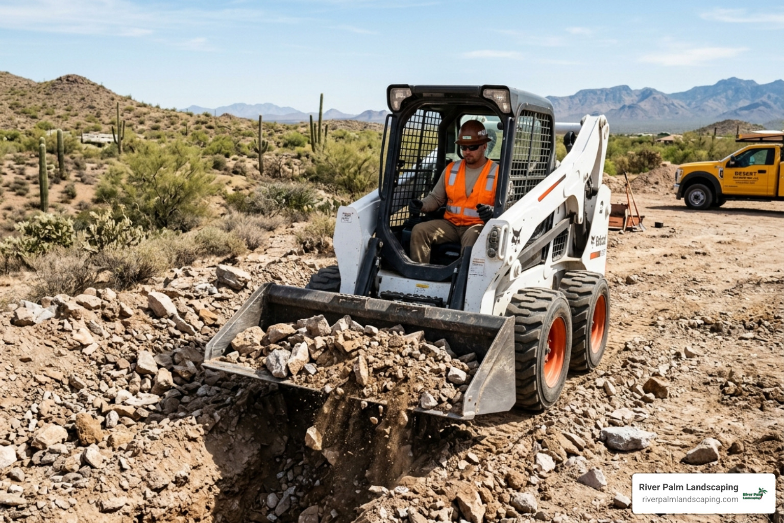 Contractor using a Bobcat to excavate rocky Arizona soil for a drainage project - drainage solutions rocky soil