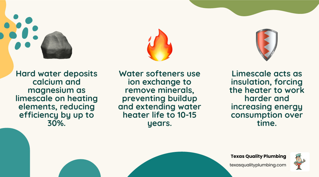 Infographic showing how hard water minerals damage water heaters over time and how a water softener prevents scale buildup Infographic showing how hard water minerals damage water heaters over time and how a water softener prevents scale buildup