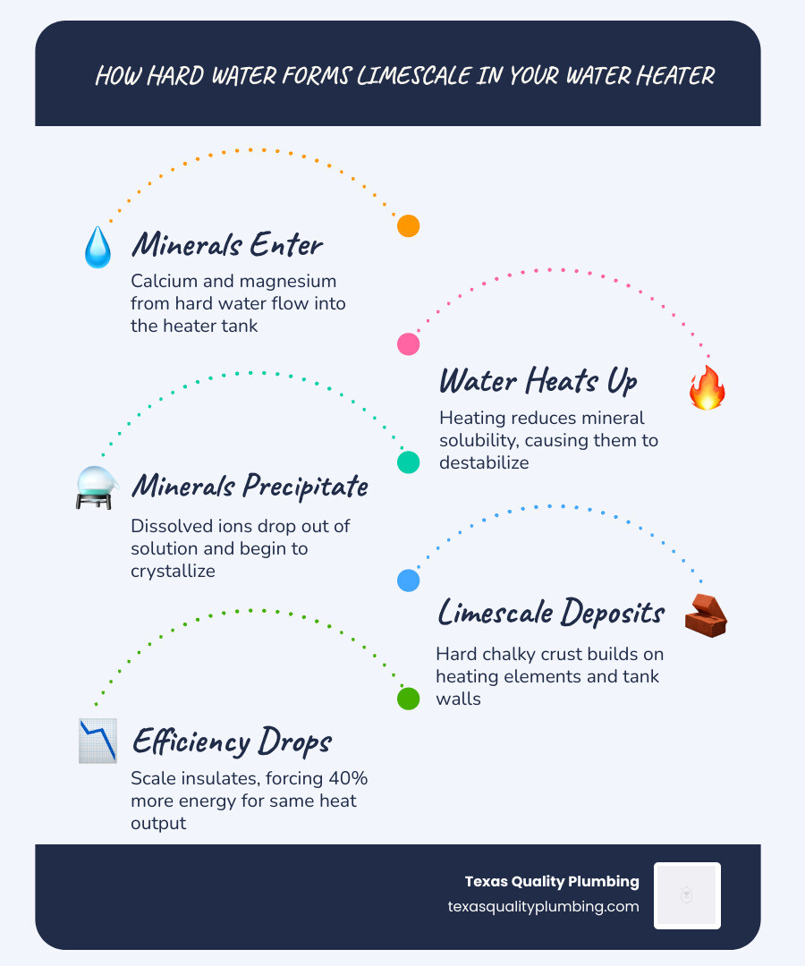 Infographic showing how calcium and magnesium minerals precipitate during water heating and form limescale inside a water Infographic showing how calcium and magnesium minerals precipitate during water heating and form limescale inside a water