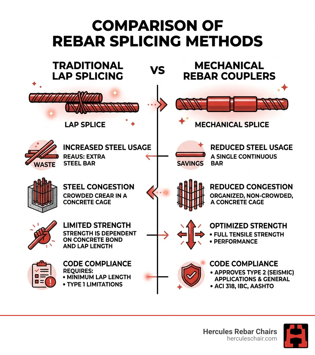 Infographic comparing traditional lap splicing vs. mechanical rebar couplers: steel usage, congestion, strength, code
