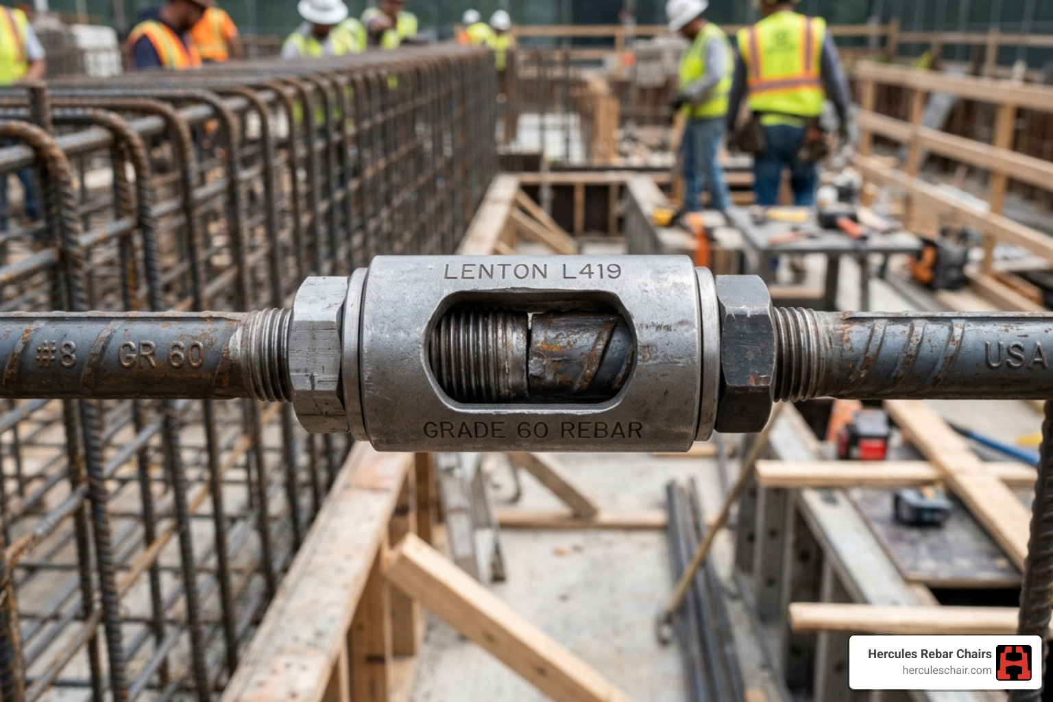 Mechanical coupler joining two Grade 60 bars showing end-to-end contact - reinforcing bar couplers