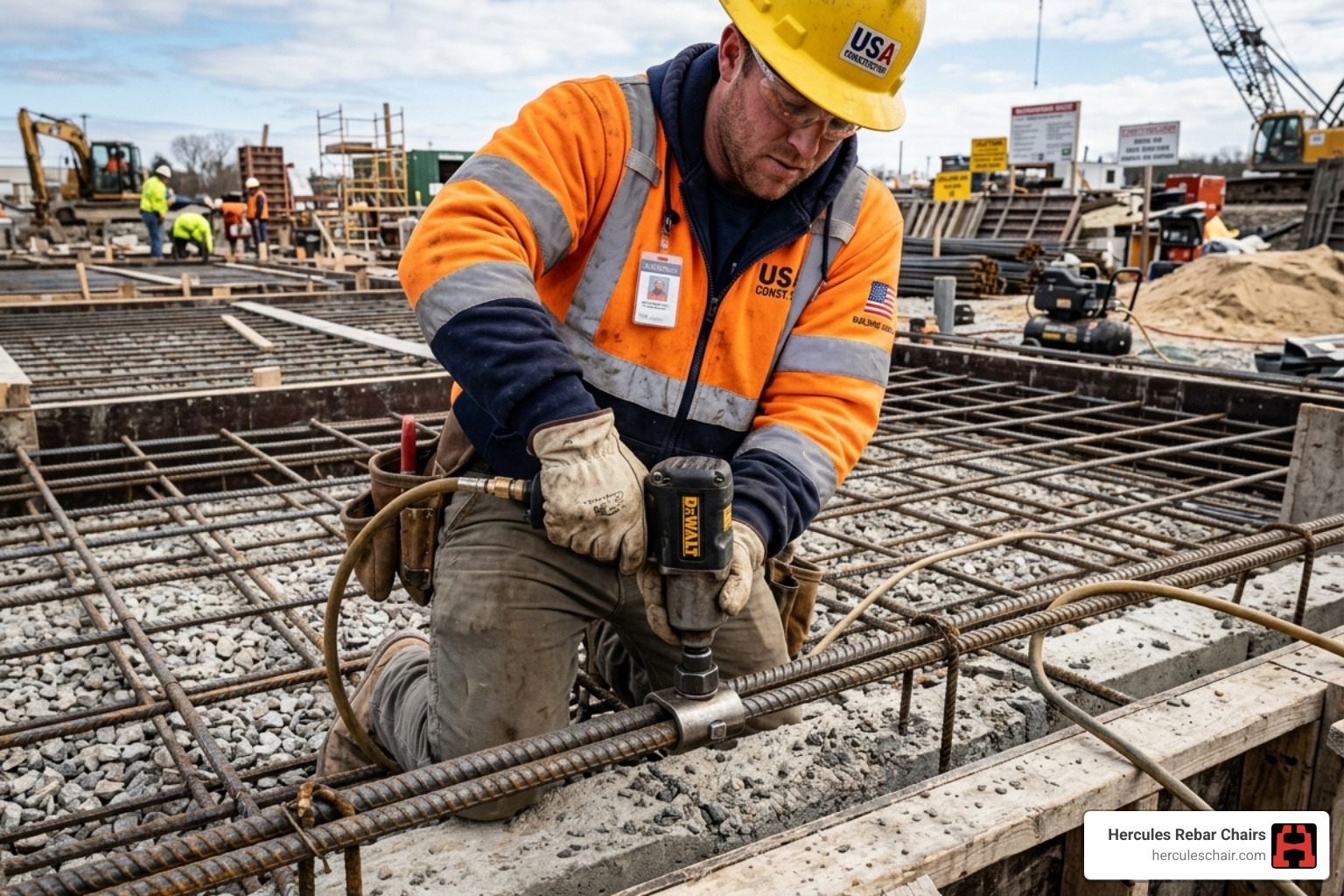 Contractor using a pneumatic impact wrench on a shear bolt coupler in a foundation - reinforcing bar couplers