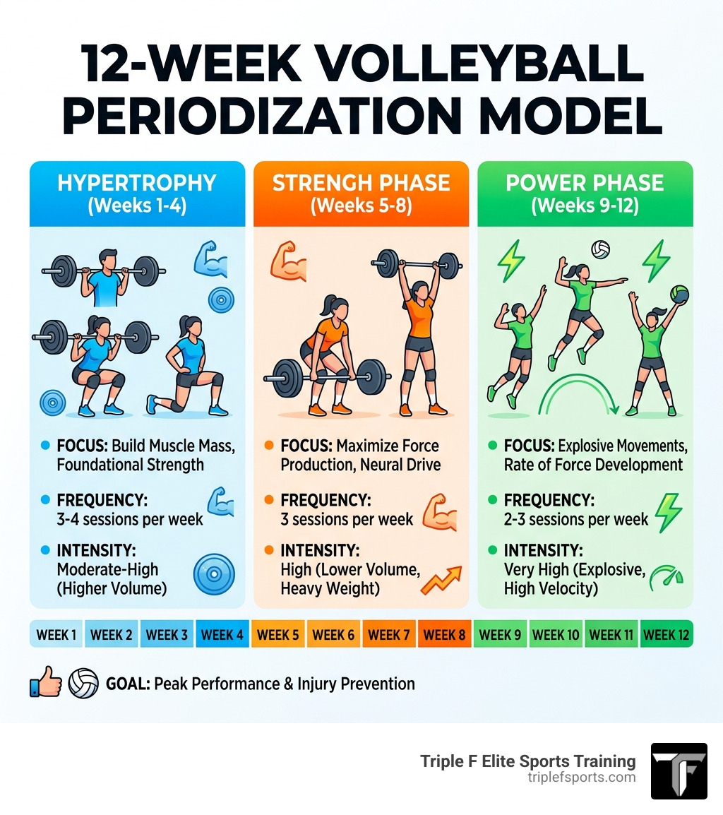 12-week volleyball periodization model showing hypertrophy, strength, and power phases - high school volleyball strength 12-week volleyball periodization model showing hypertrophy, strength, and power phases - high school volleyball strength