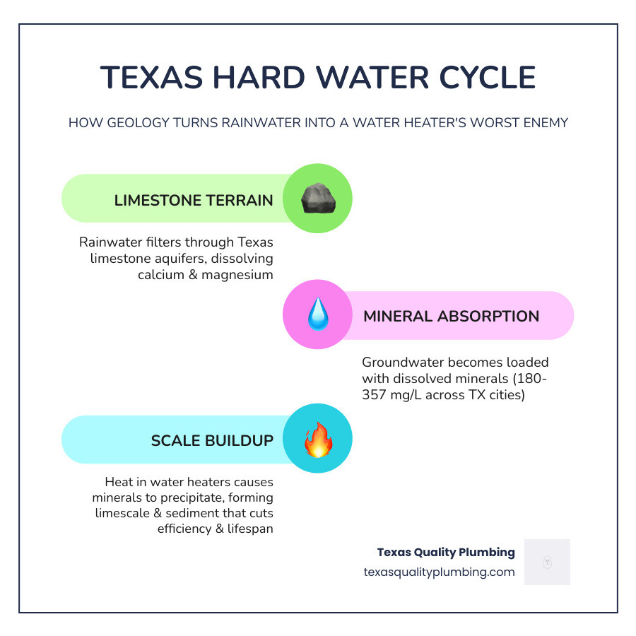 Infographic showing the Texas hard water cycle: limestone terrain, mineral absorption, scale buildup inside water heater Infographic showing the Texas hard water cycle: limestone terrain, mineral absorption, scale buildup inside water heater