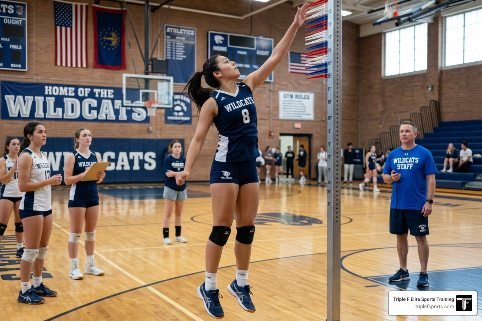 high school volleyball athlete measuring vertical jump height with a Vertec - high school volleyball strength training high school volleyball athlete measuring vertical jump height with a Vertec - high school volleyball strength training