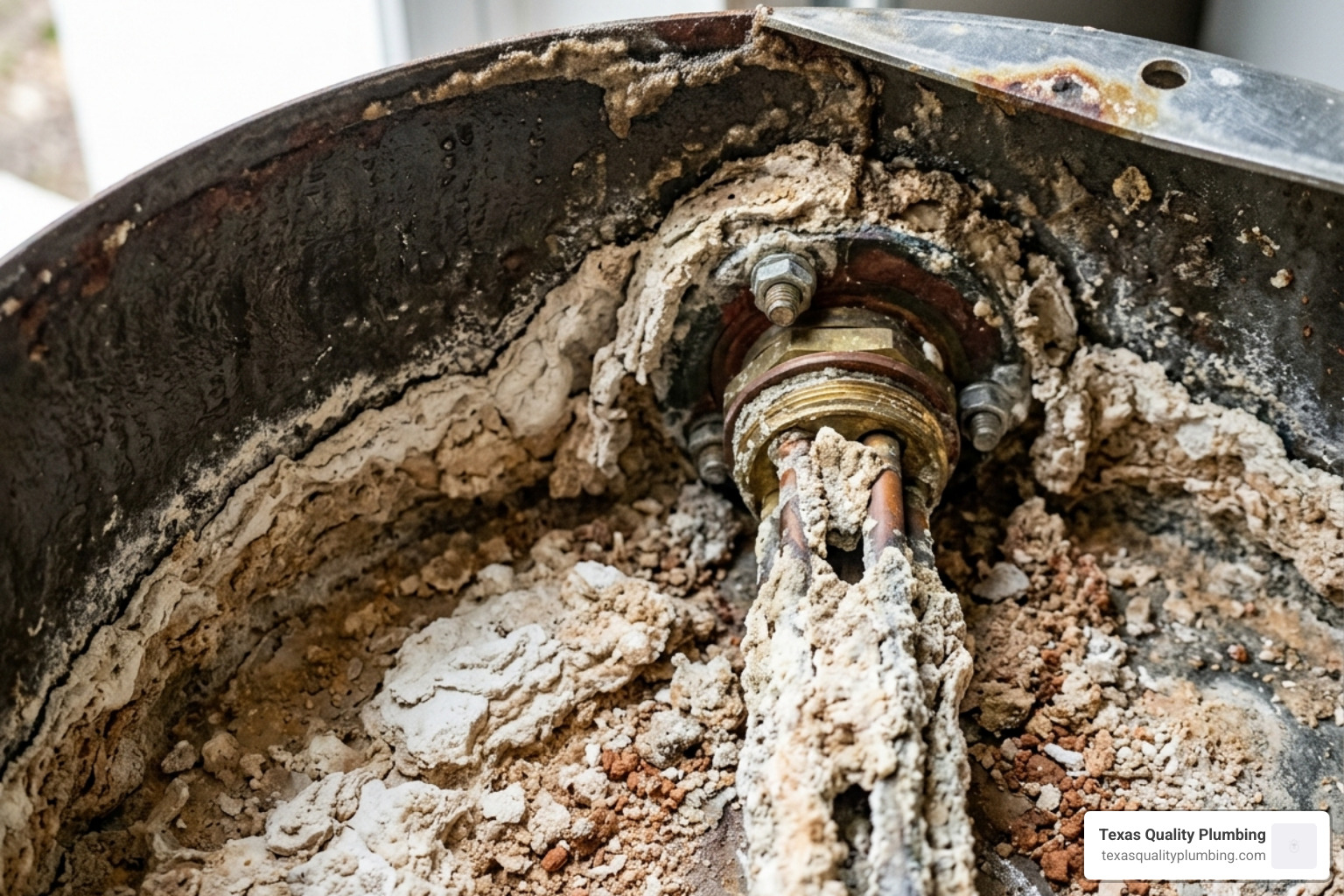 Close-up of thick sediment and rock-like mineral buildup at the bottom of a water heater tank - how texas hard water affects Close-up of thick sediment and rock-like mineral buildup at the bottom of a water heater tank - how texas hard water affects