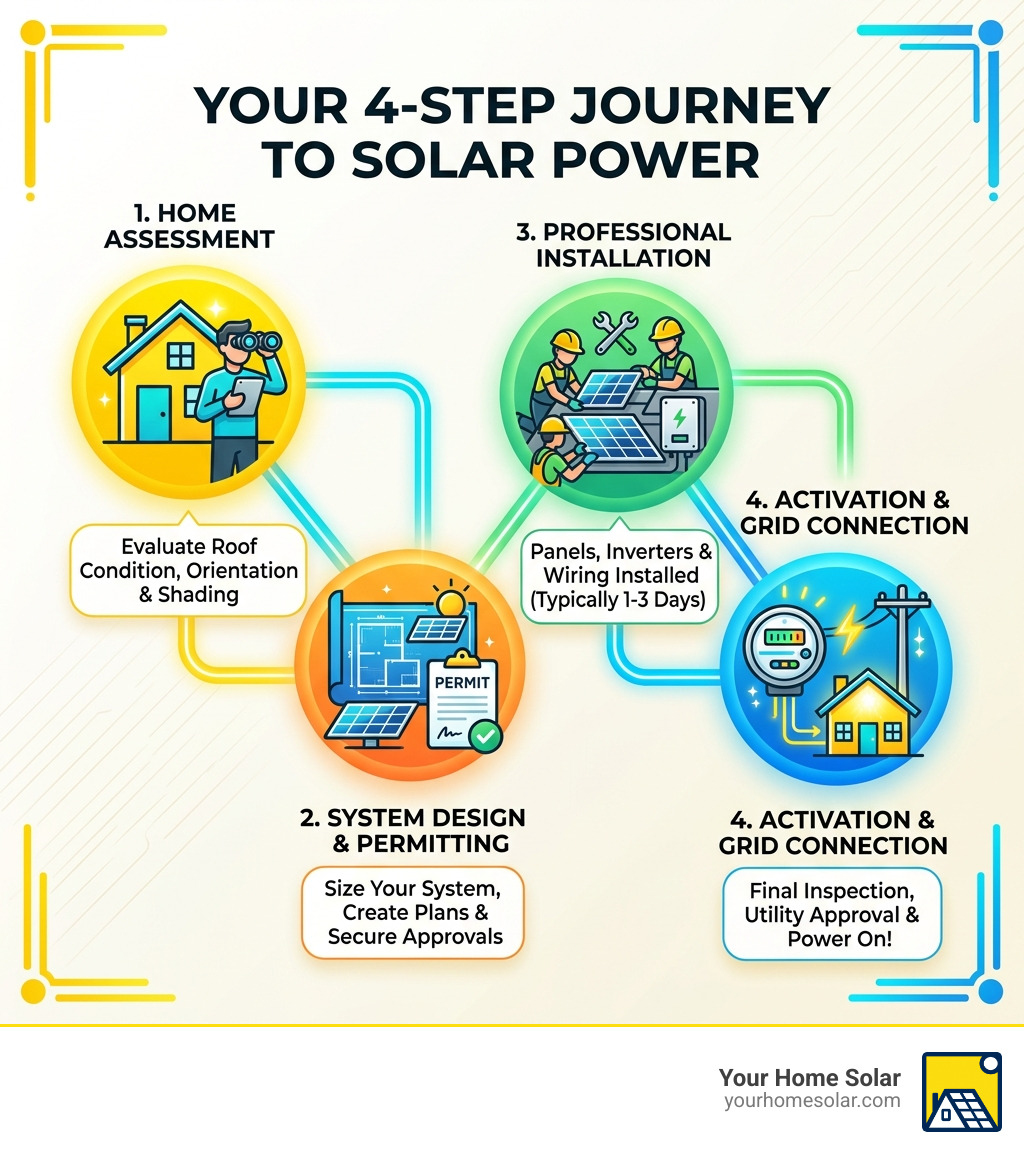 4-step solar installation journey from home assessment to grid activation infographic - install solar power infographic 4-step solar installation journey from home assessment to grid activation infographic - install solar power infographic