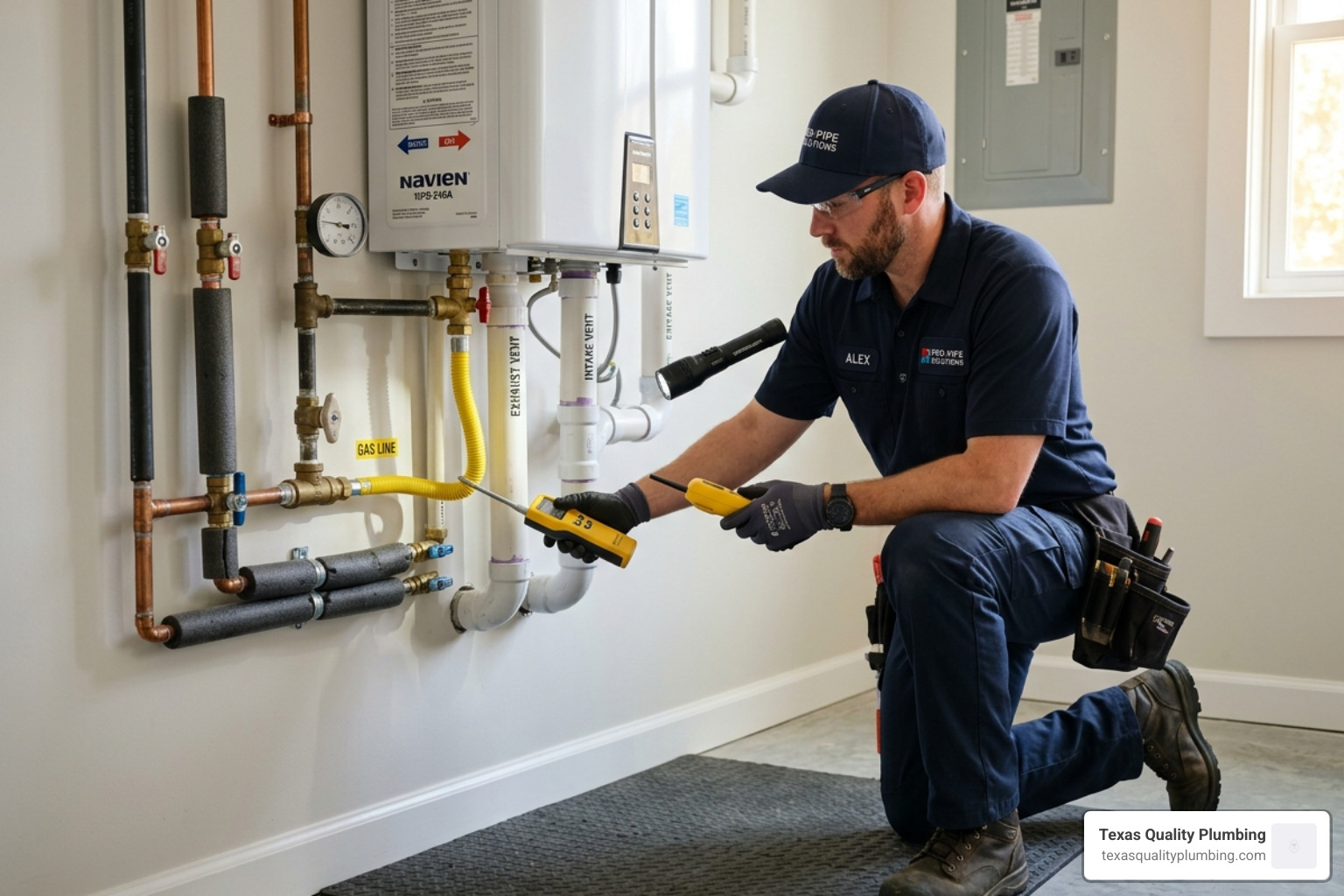 Technician inspecting gas line and venting for a new tankless installation - should i upgrade from a tank to tankless
