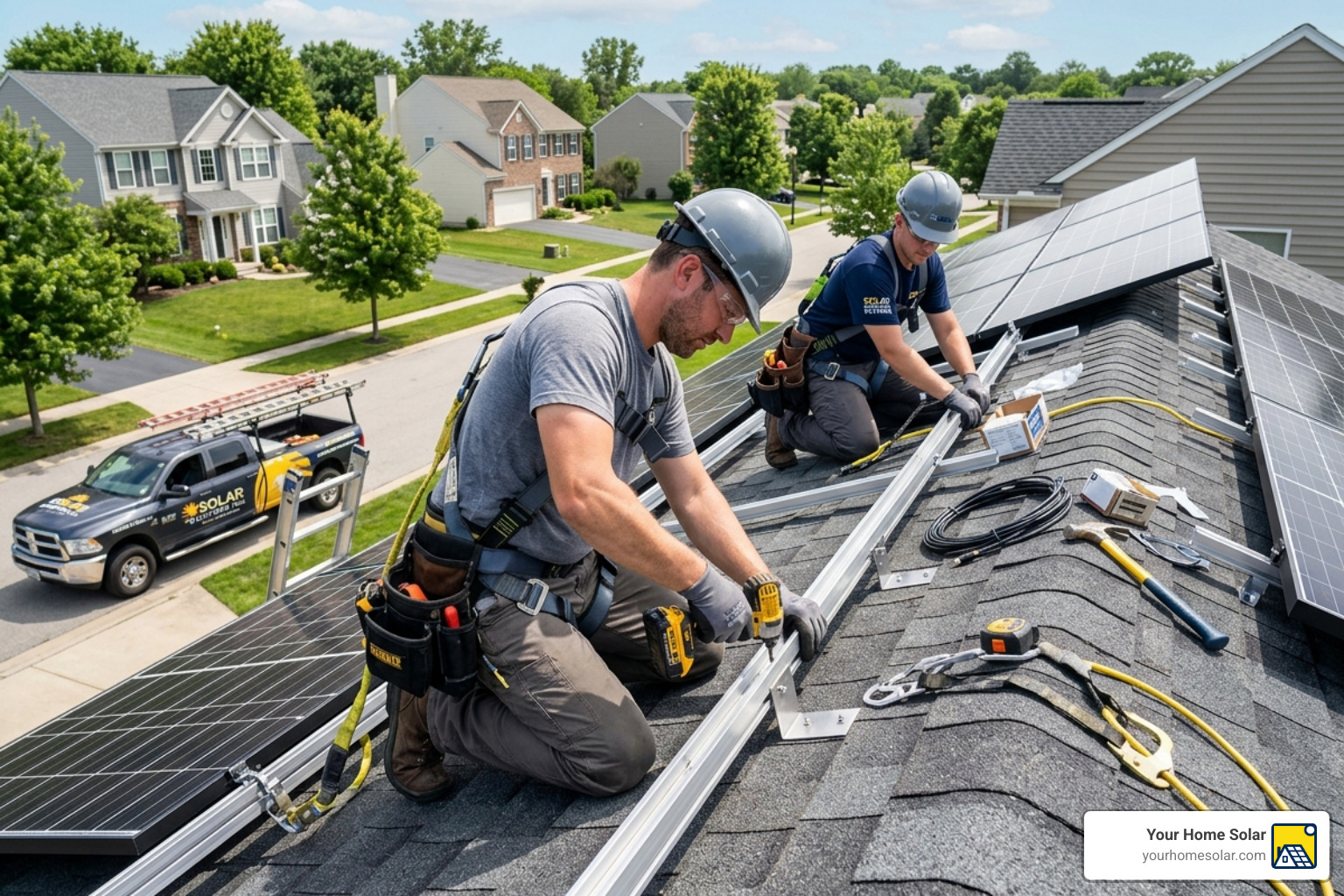 solar racking being secured to a residential roof by professionals - install solar power solar racking being secured to a residential roof by professionals - install solar power
