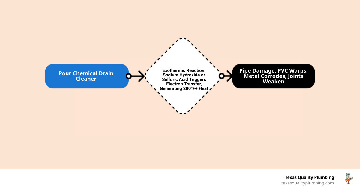 infographic showing exothermic chemical reaction in drain pipe and resulting pipe damage types - why chemical drain cleaners infographic showing exothermic chemical reaction in drain pipe and resulting pipe damage types - why chemical drain cleaners