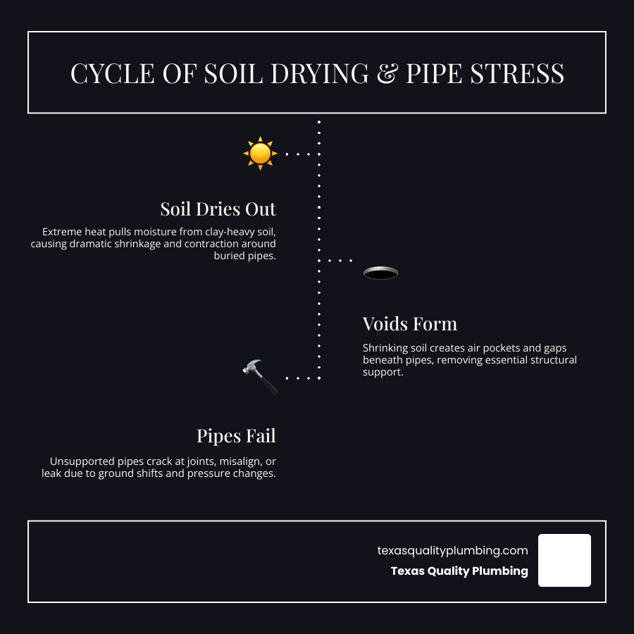 Infographic showing the cycle of soil drying, contraction, void formation, and underground pipe stress in Houston heat - how Infographic showing the cycle of soil drying, contraction, void formation, and underground pipe stress in Houston heat - how