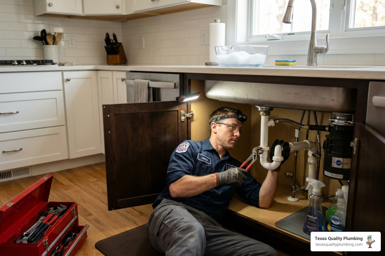 Licensed plumber working under a kitchen sink in a Houston home to repair a leak - faucet and fixture repair when to fix vs Licensed plumber working under a kitchen sink in a Houston home to repair a leak - faucet and fixture repair when to fix vs