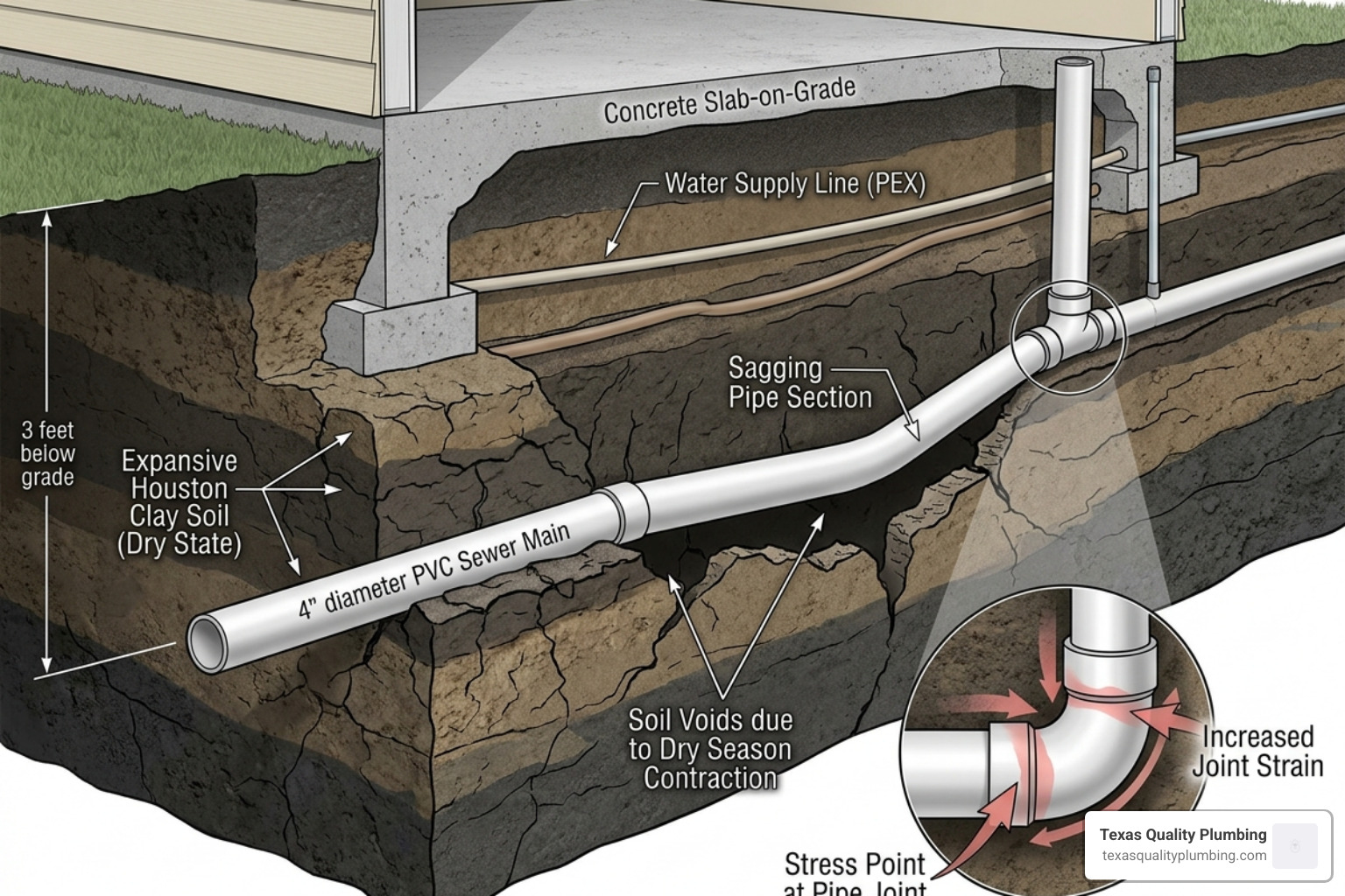 A cross-section of shifting Houston soil putting pressure on a residential plumbing line - how extreme heat and dry soil A cross-section of shifting Houston soil putting pressure on a residential plumbing line - how extreme heat and dry soil