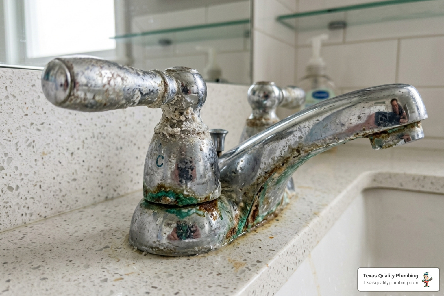 Close-up of corroded bathroom faucet handles with visible mineral buildup - faucet and fixture repair when to fix vs replace Close-up of corroded bathroom faucet handles with visible mineral buildup - faucet and fixture repair when to fix vs replace