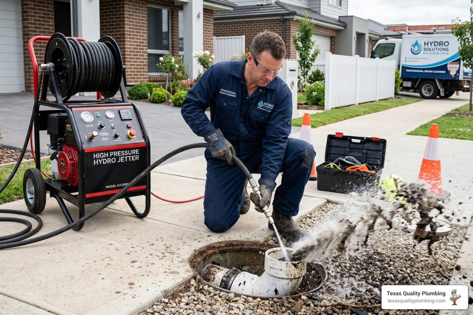 plumber setting up professional hydro jetting equipment in a residential driveway - how hydro jetting clears the toughest plumber setting up professional hydro jetting equipment in a residential driveway - how hydro jetting clears the toughest