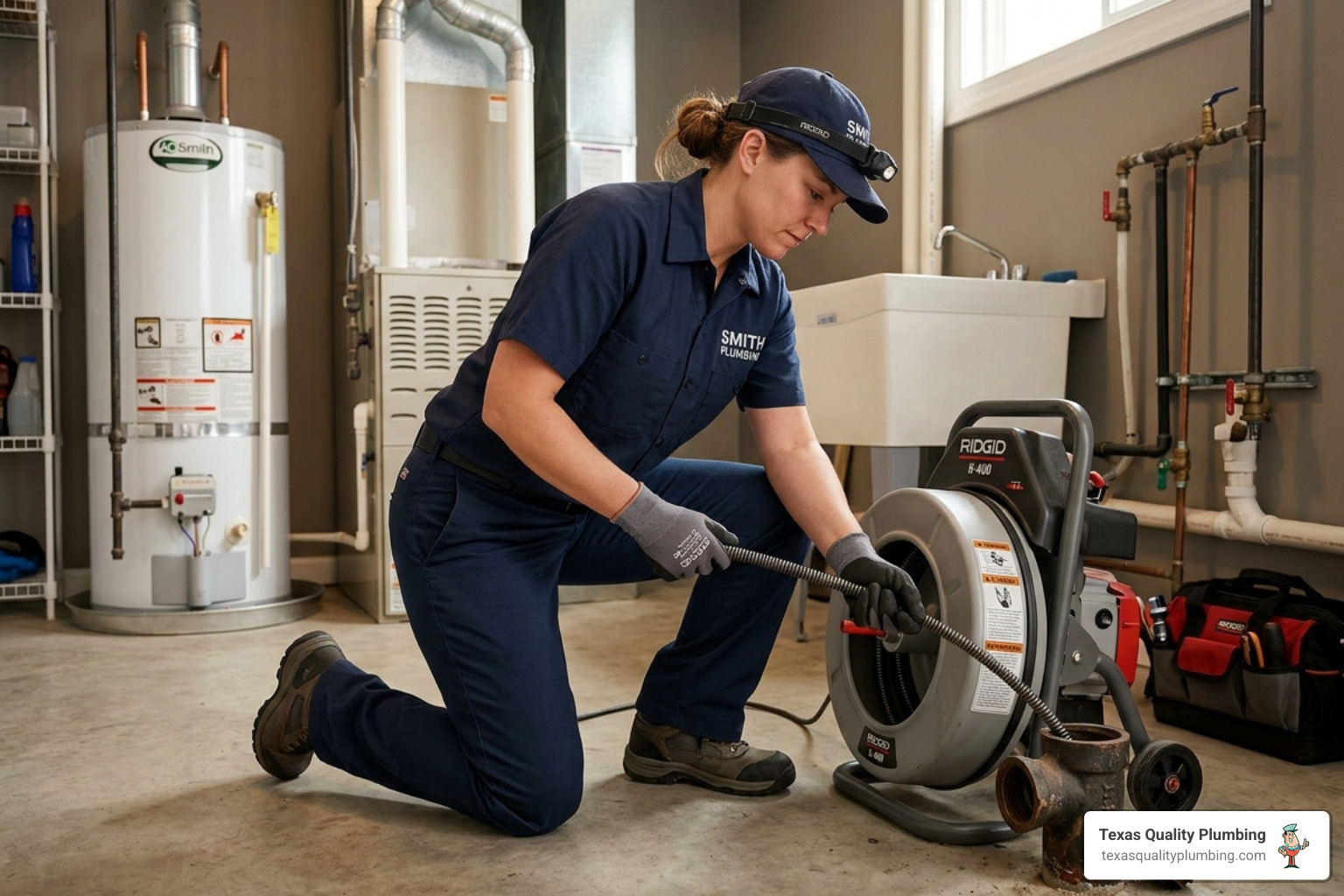 Professional plumber using a motorized drain snake to clear a residential line - drain cleaning methods hydro jetting vs Professional plumber using a motorized drain snake to clear a residential line - drain cleaning methods hydro jetting vs