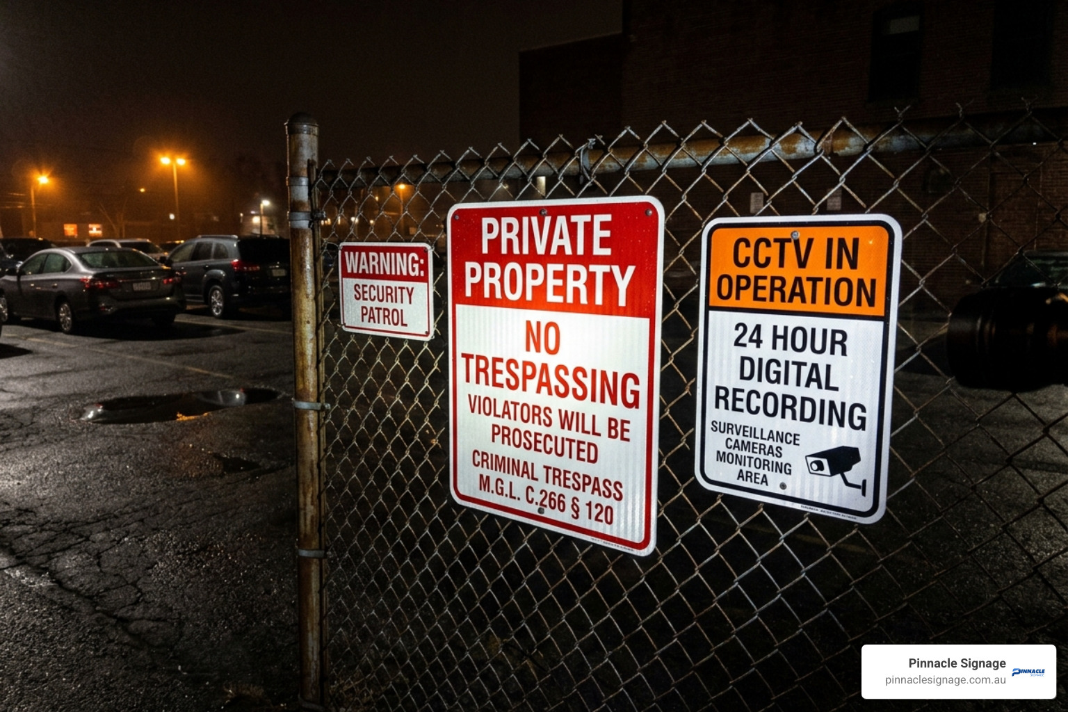 Multiple security warning signs mounted on a chain-link fence at night, including "Private Property No Trespassing" and "CCTV In Operation."