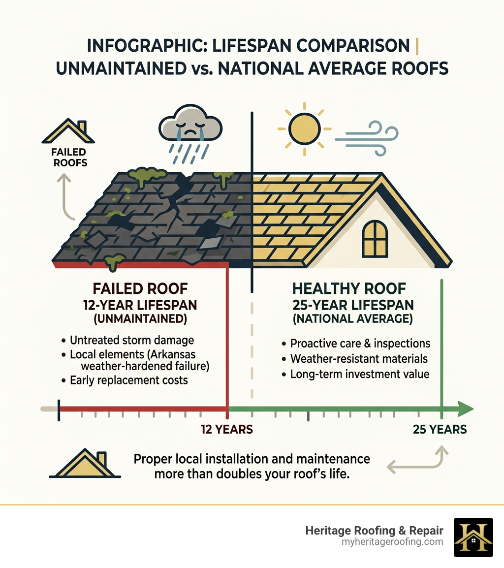 Infographic comparing the 12-year lifespan of unmaintained roofs vs the 25-year national average - Berryville AR roofers Infographic comparing the 12-year lifespan of unmaintained roofs vs the 25-year national average - Berryville AR roofers