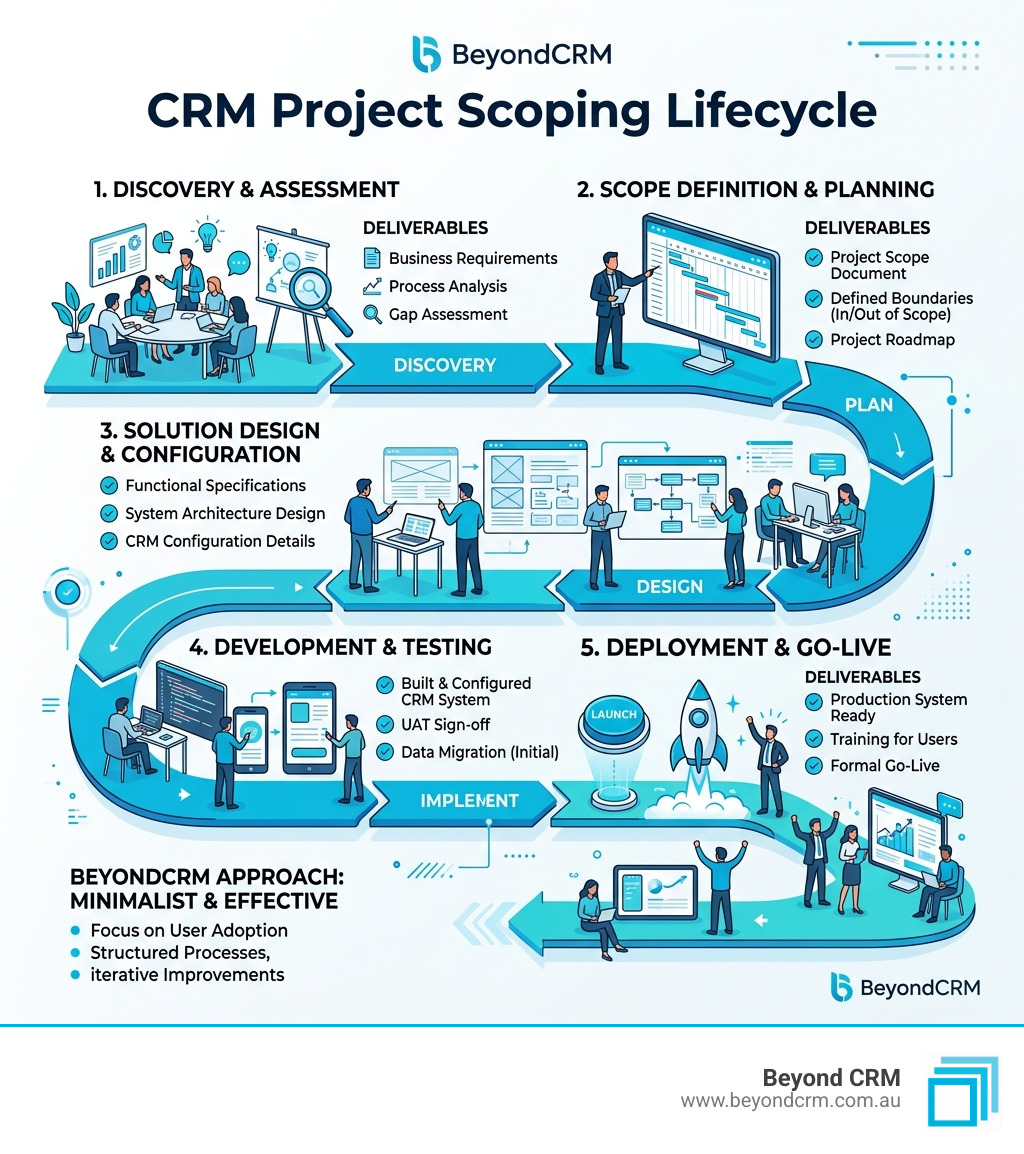 CRM project scoping lifecycle infographic showing phases from discovery to go-live with key deliverables at each stage - CRM CRM project scoping lifecycle infographic showing phases from discovery to go-live with key deliverables at each stage - CRM