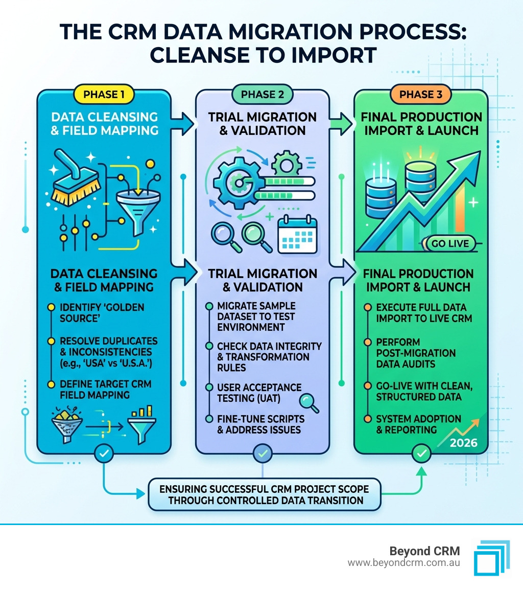 Infographic showing the data migration process from cleansing to trial migration and final import - CRM project scope Infographic showing the data migration process from cleansing to trial migration and final import - CRM project scope