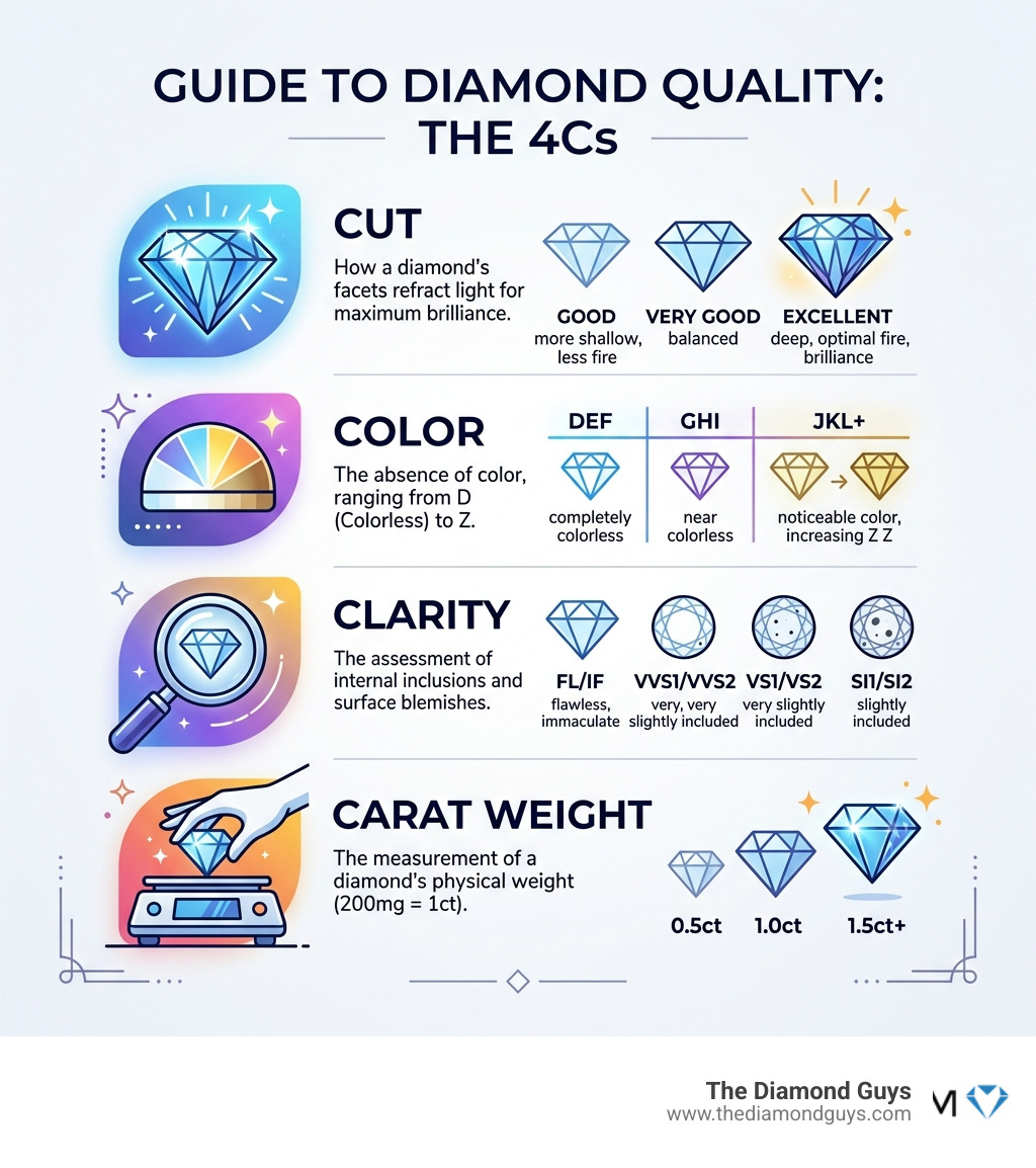 Infographic showing the 4Cs of diamond quality: cut, color, clarity, and carat weight explained - best place to buy Infographic showing the 4Cs of diamond quality: cut, color, clarity, and carat weight explained - best place to buy