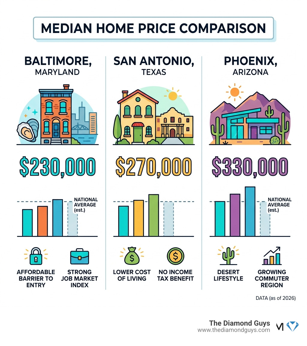Infographic comparing median home prices across Baltimore, San Antonio, and Phoenix - best place to buy infographic Infographic comparing median home prices across Baltimore, San Antonio, and Phoenix - best place to buy infographic