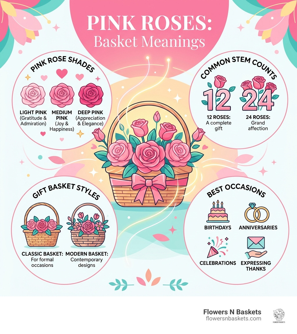 Infographic showing pink rose shades and their meanings, stem count ranges, price tiers, and best occasions - basket of pink Infographic showing pink rose shades and their meanings, stem count ranges, price tiers, and best occasions - basket of pink