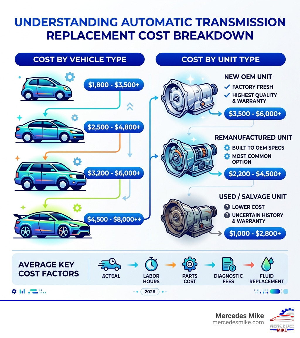 automatic transmission replacement cost breakdown infographic with cost ranges by vehicle type and unit type - automatic