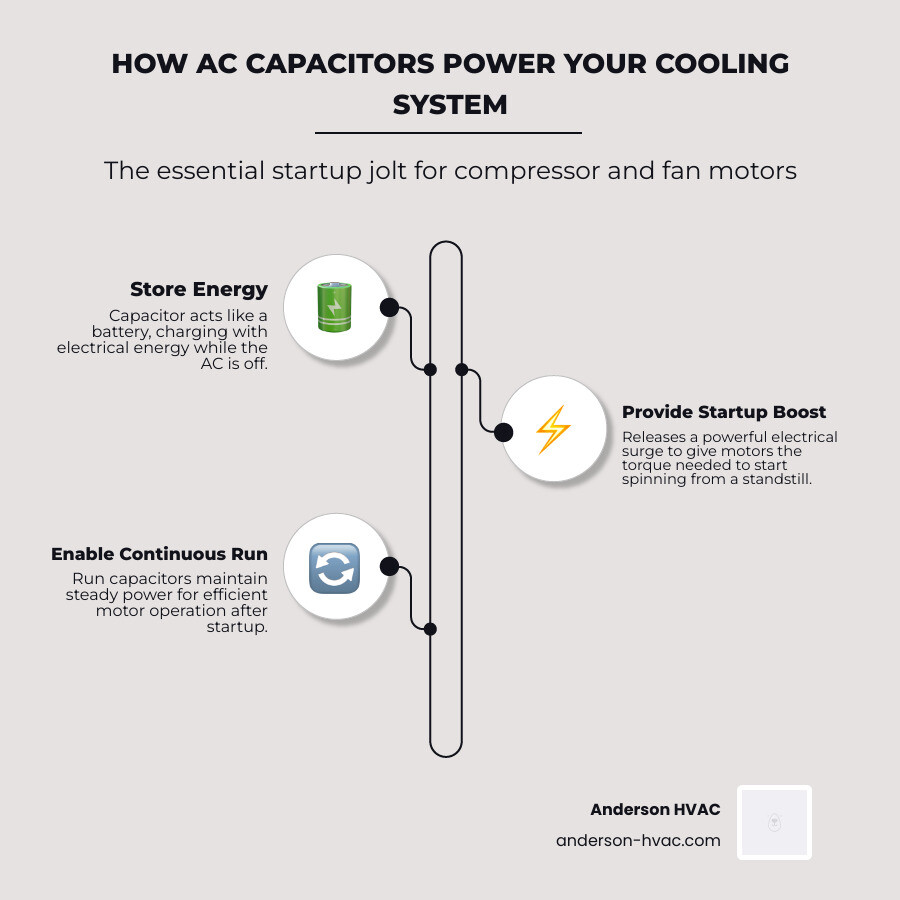 Infographic showing how an AC capacitor provides startup electrical jolt to compressor and fan motors - capacitor failure