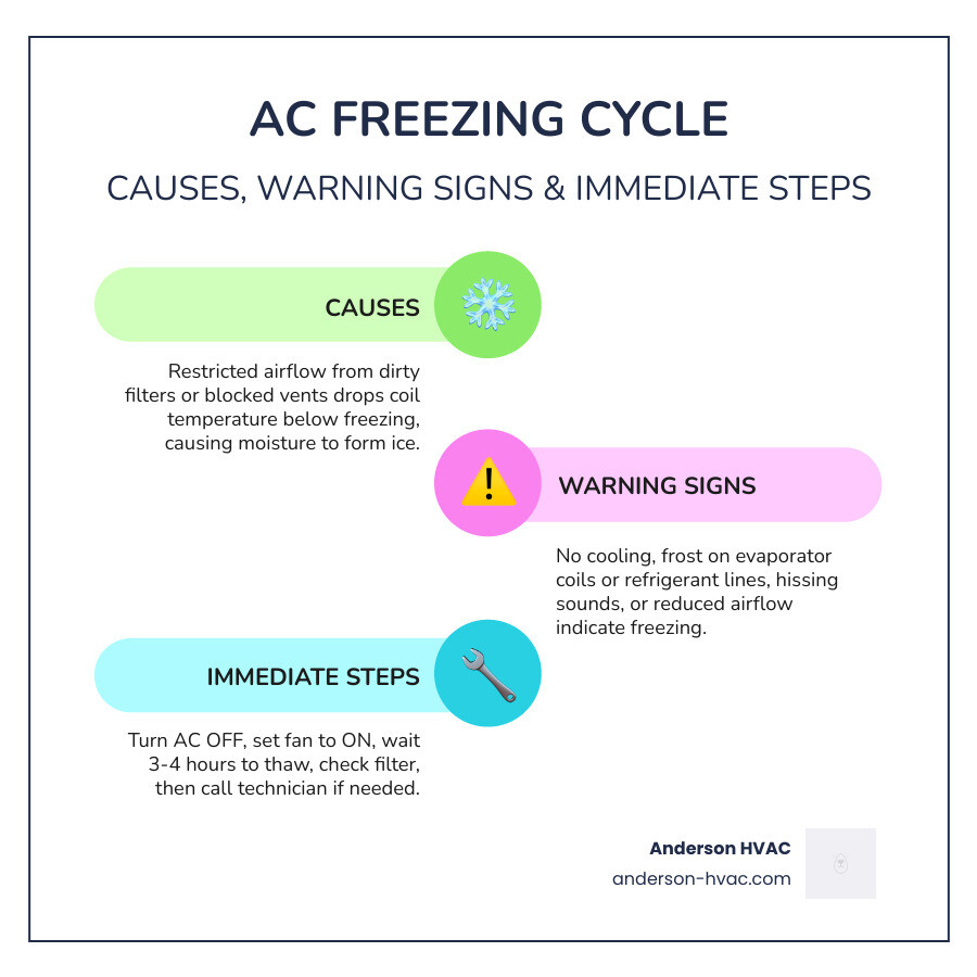 Infographic showing the AC freezing cycle: causes, warning signs, and immediate steps to take - ice forming on your ac unit Infographic showing the AC freezing cycle: causes, warning signs, and immediate steps to take - ice forming on your ac unit