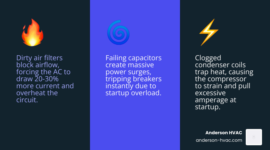 Infographic showing why an AC unit causes a circuit breaker to trip, listing causes from dirty filters to compressor faults Infographic showing why an AC unit causes a circuit breaker to trip, listing causes from dirty filters to compressor faults