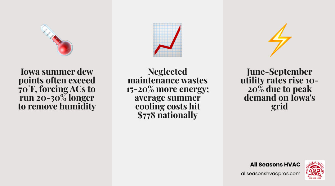 Infographic showing top reasons Iowa AC bills spike in summer including humidity, aging systems, and peak demand charges Infographic showing top reasons Iowa AC bills spike in summer including humidity, aging systems, and peak demand charges