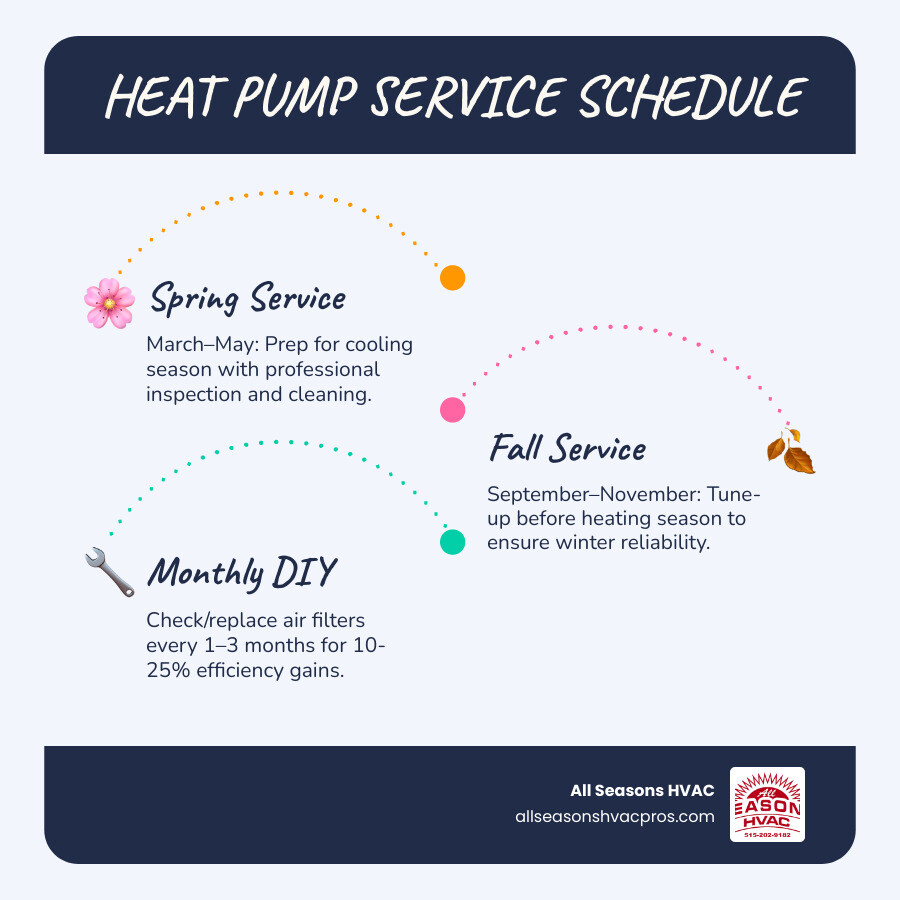 Infographic showing heat pump service schedule: biannual professional visits in spring and fall, monthly DIY filter checks Infographic showing heat pump service schedule: biannual professional visits in spring and fall, monthly DIY filter checks