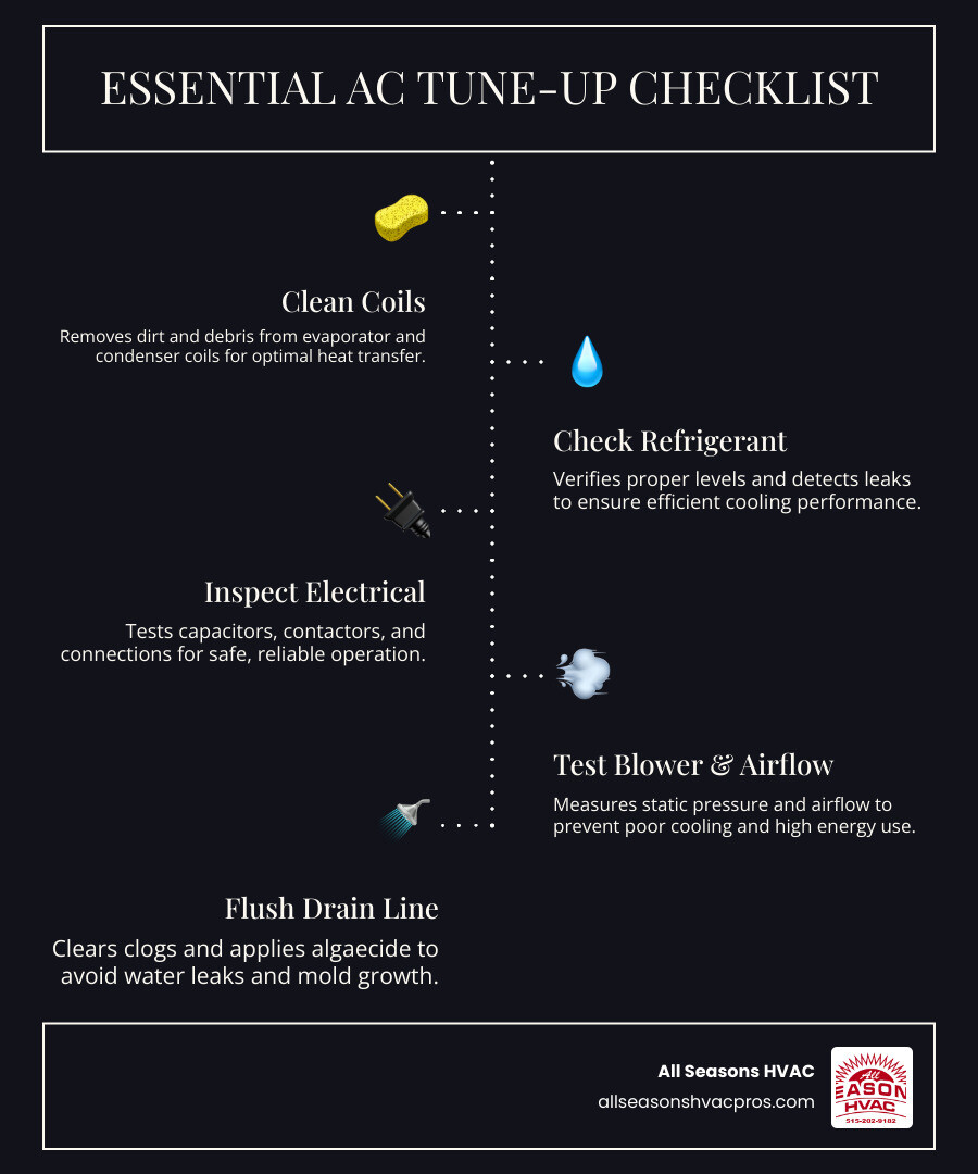 AC tune-up checklist infographic showing 12 key technician inspection points for a professional AC maintenance visit - ac AC tune-up checklist infographic showing 12 key technician inspection points for a professional AC maintenance visit - ac