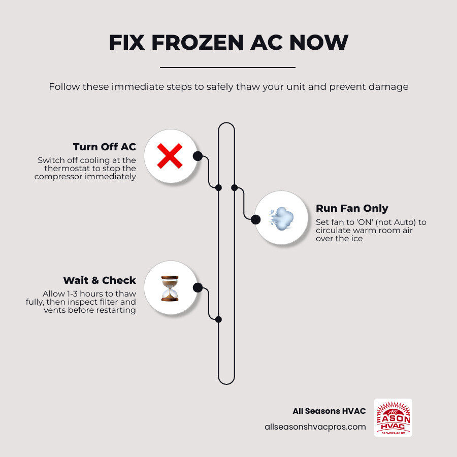 Infographic showing causes of AC freezing and immediate steps homeowners should take to fix it - ice forming on your ac unit