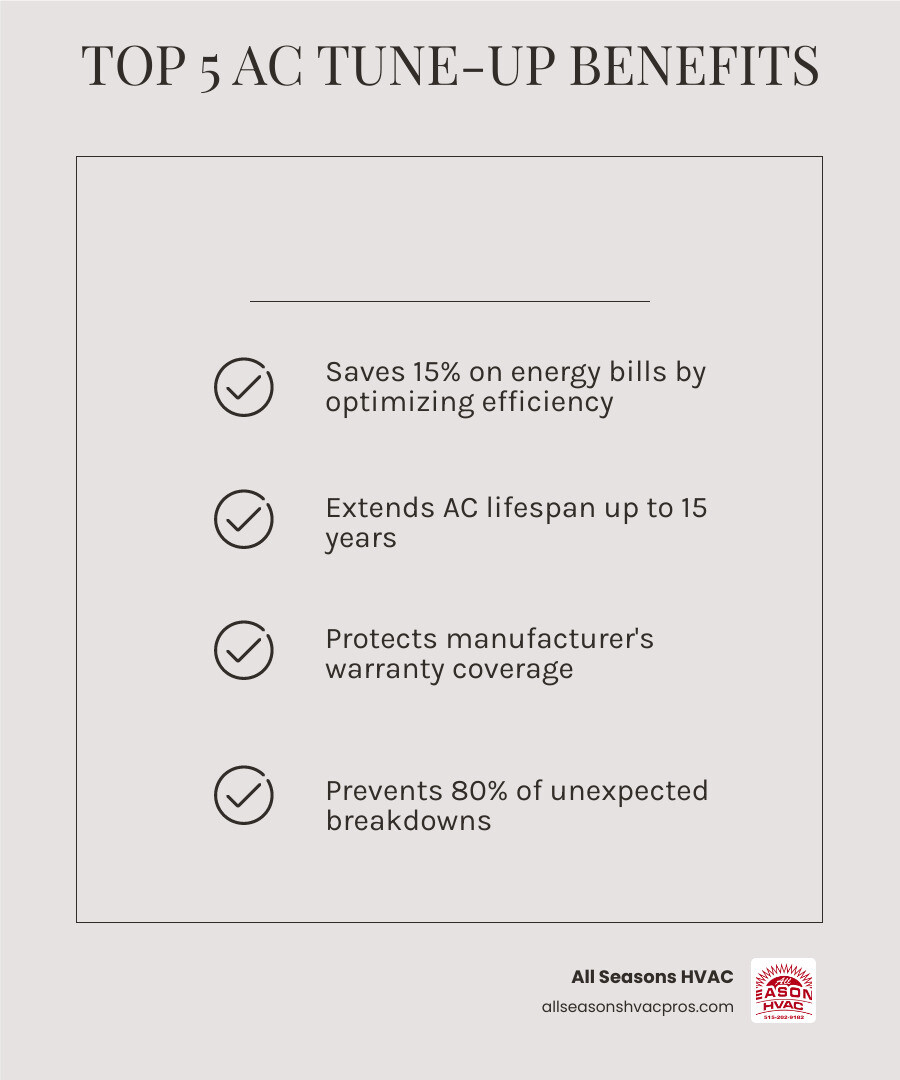 Infographic showing top 5 benefits of annual AC tune-ups: 15% energy savings, extended 15-year lifespan, warranty Infographic showing top 5 benefits of annual AC tune-ups: 15% energy savings, extended 15-year lifespan, warranty