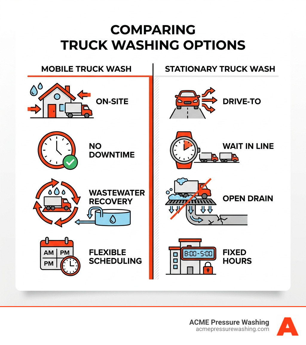 Infographic comparing mobile vs. stationary truck washing: on-site vs. drive-to, no downtime vs. wait in line, wastewater
