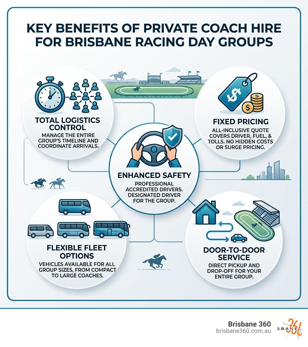 Infographic: Key benefits of private coach hire for Brisbane racing day groups — logistics control, fixed pricing, safety Infographic: Key benefits of private coach hire for Brisbane racing day groups — logistics control, fixed pricing, safety