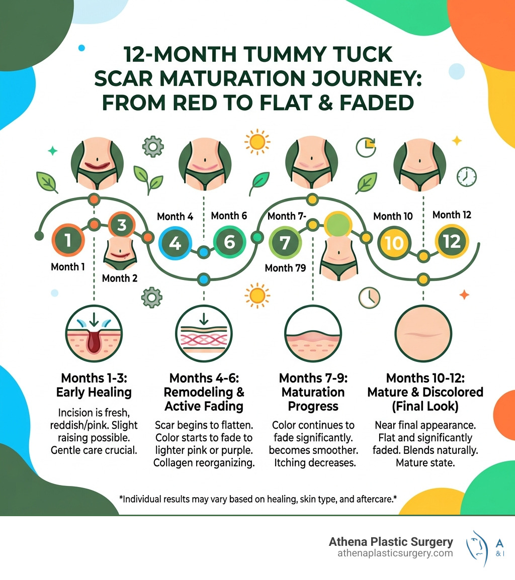 12-month tummy tuck scar maturation journey infographic: stages from red to flat and faded - good tummy tuck scar