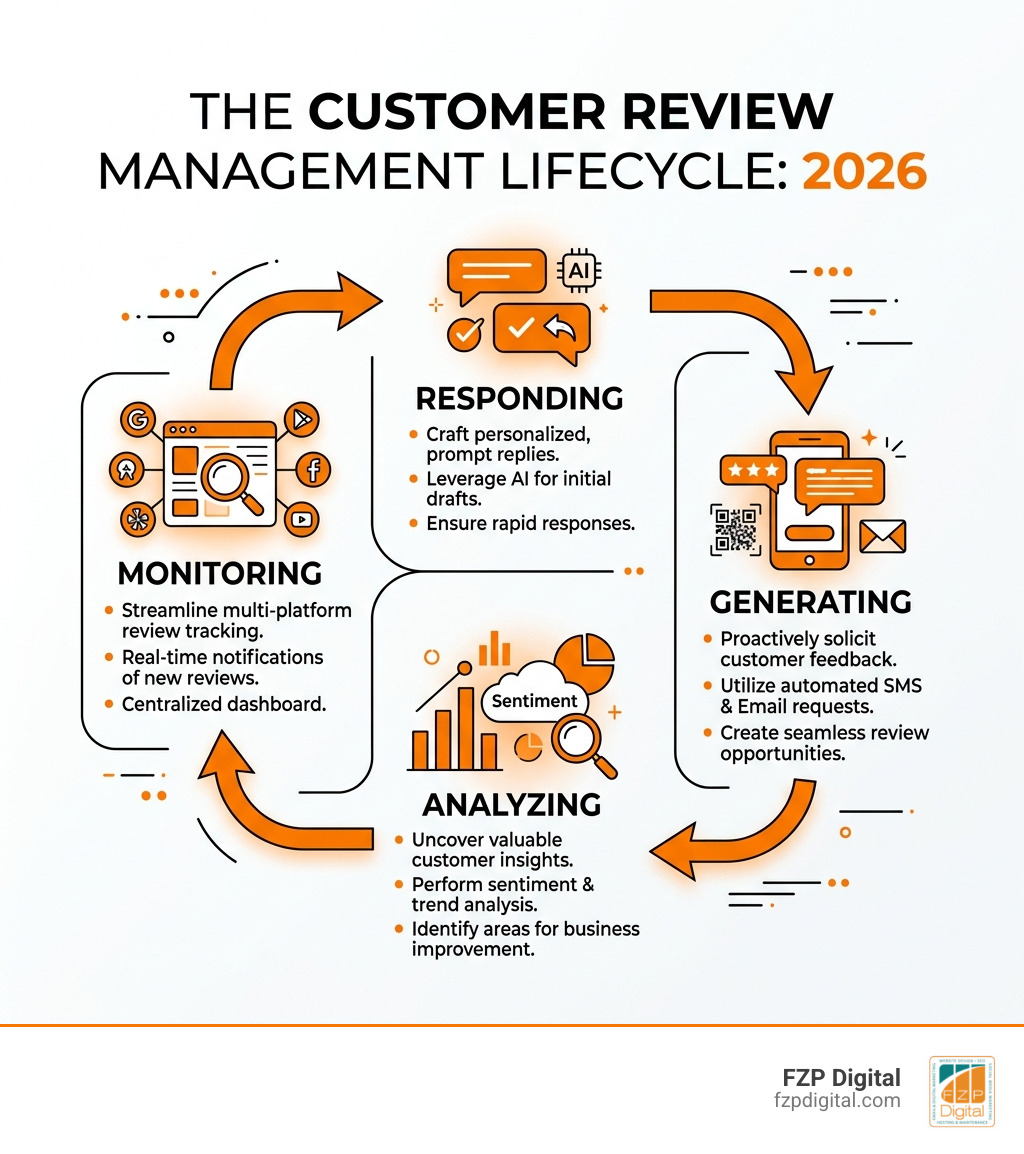 Customer review management lifecycle infographic showing monitoring, responding, generating, and analyzing reviews in 2026 Customer review management lifecycle infographic showing monitoring, responding, generating, and analyzing reviews in 2026