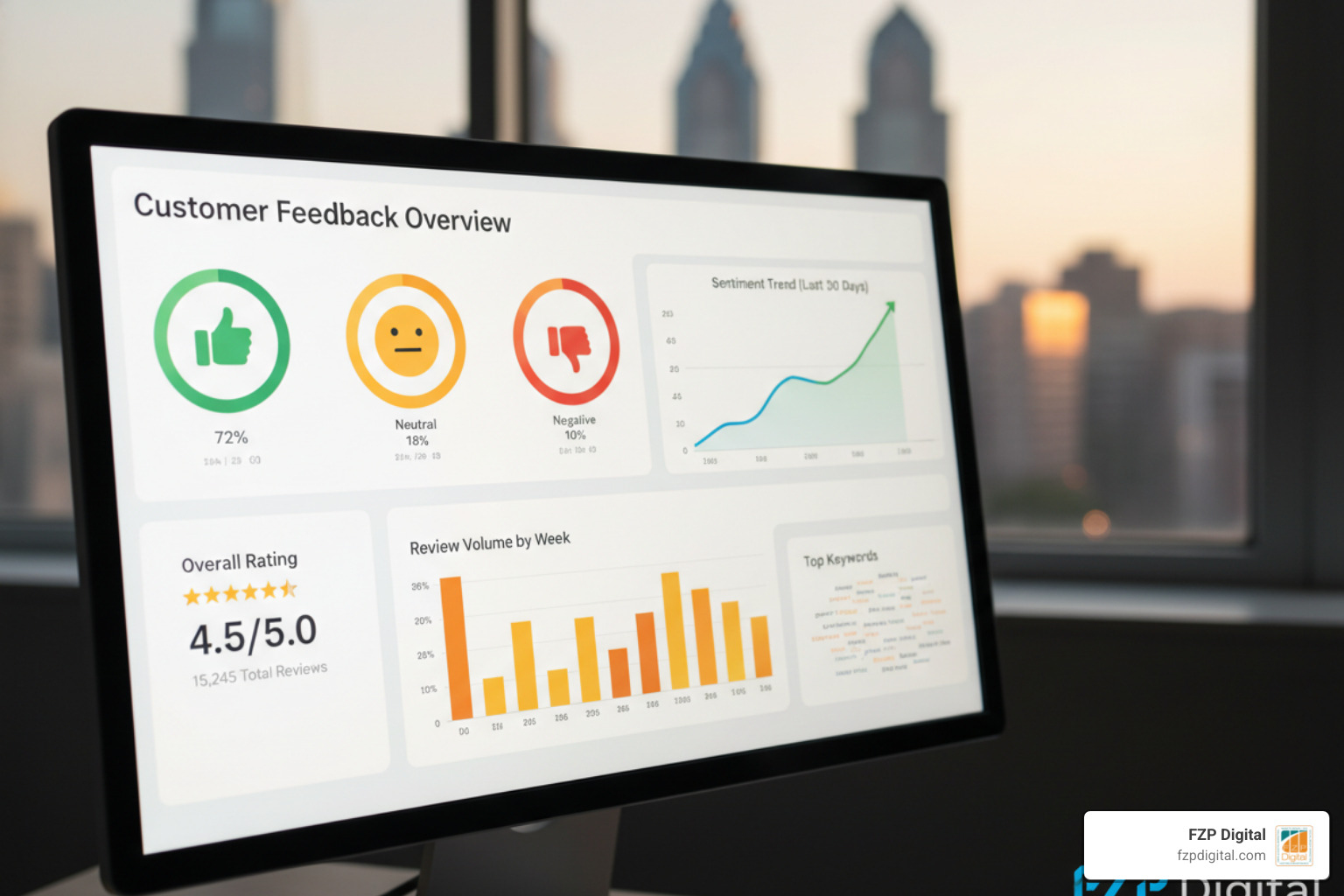 AI dashboard visualization with sentiment analysis icons and customer feedback trends - customer review management AI dashboard visualization with sentiment analysis icons and customer feedback trends - customer review management